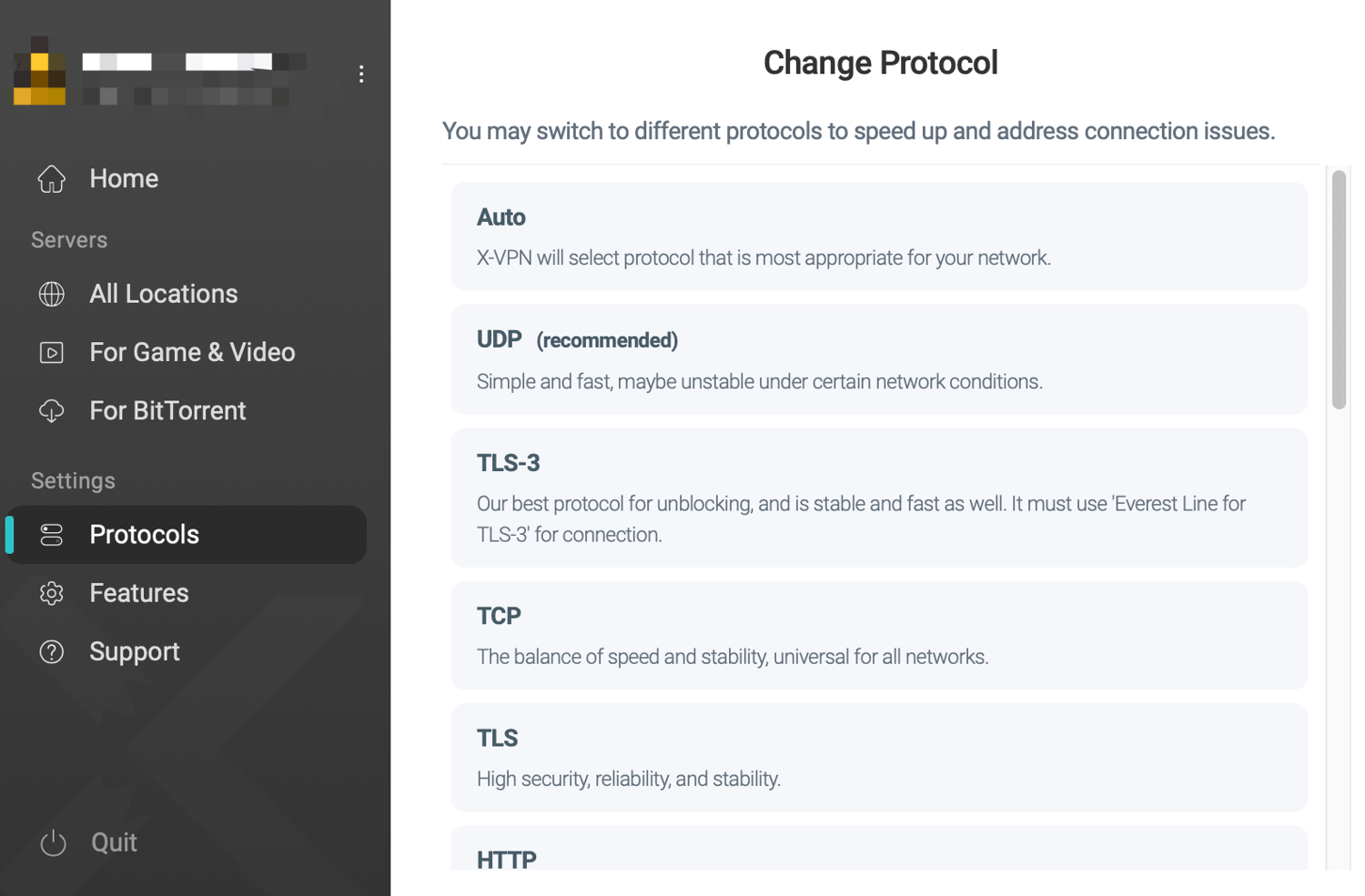 choose protocol on xvpn