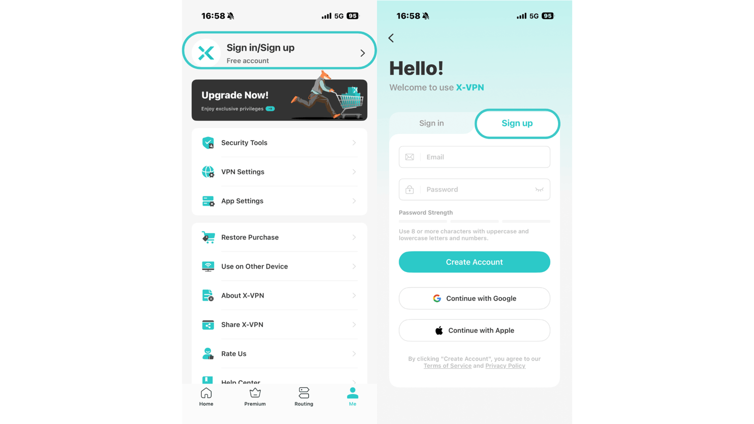 sign up using x-vpn app on mobile