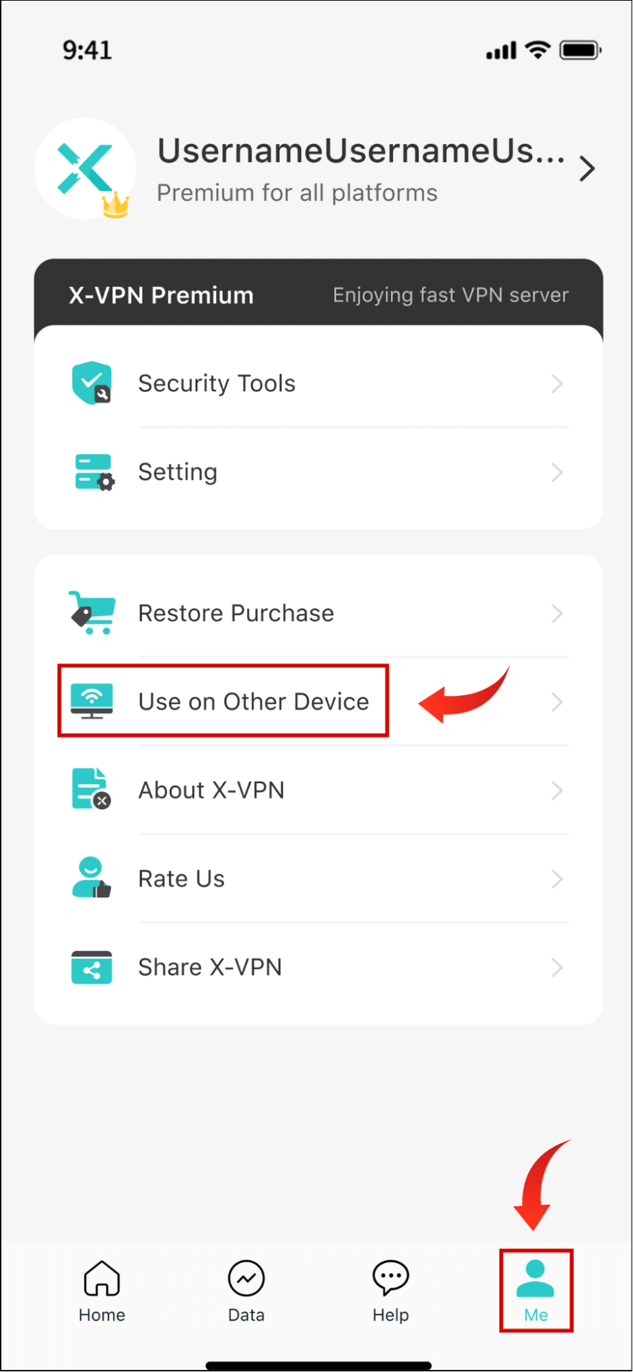 navigate to xvpn use on other device option