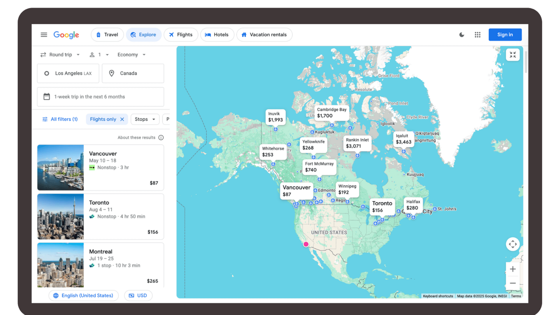 google flights explore map