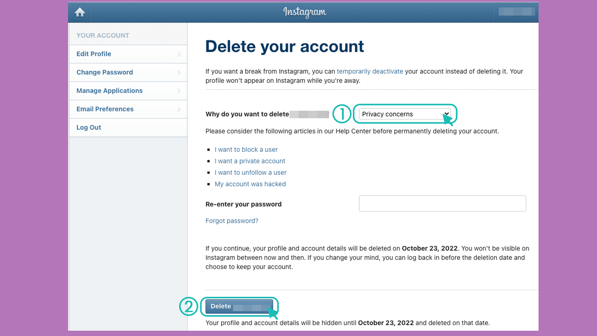 delete instagram account on pc