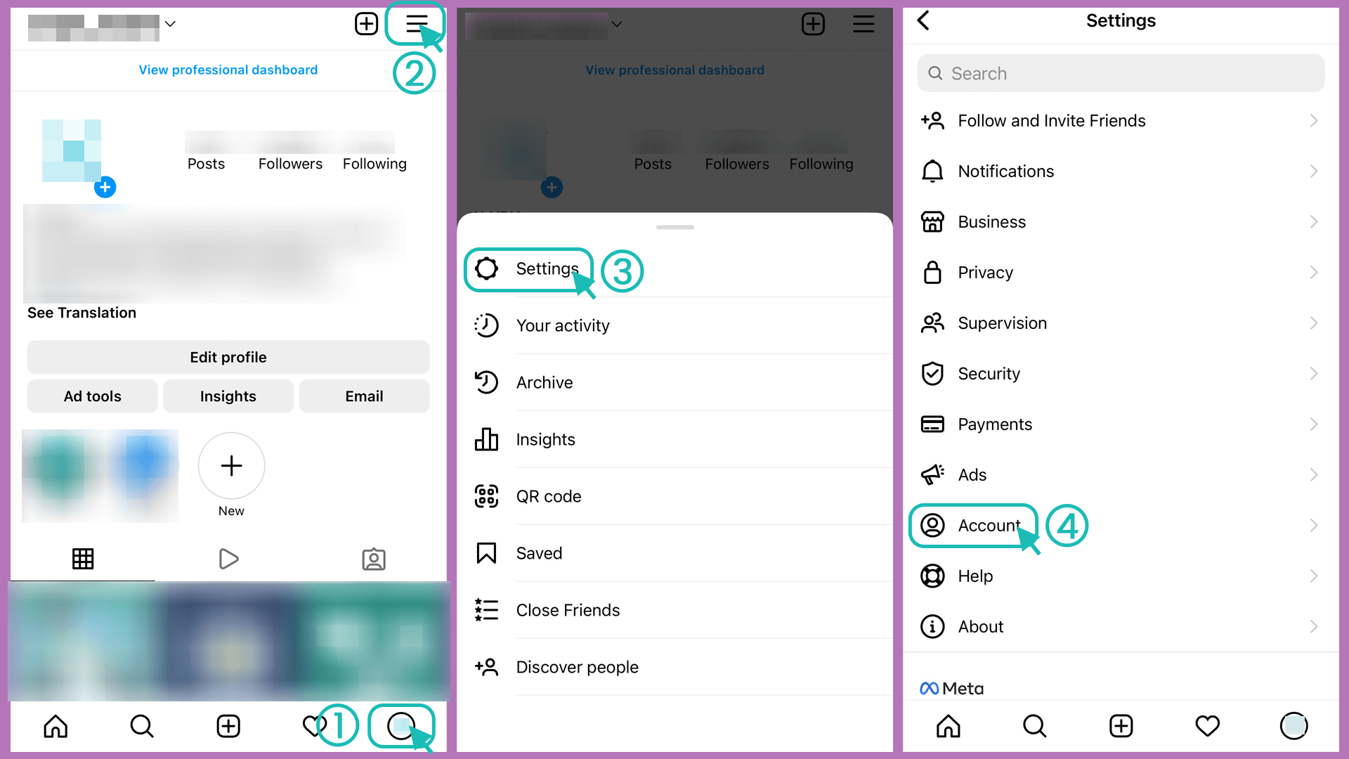 navigate to account option in instagram